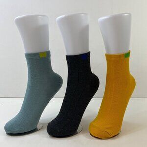 Womens Crew Socks Set 3 Solid Ribbed Texture Gray Black Yellow